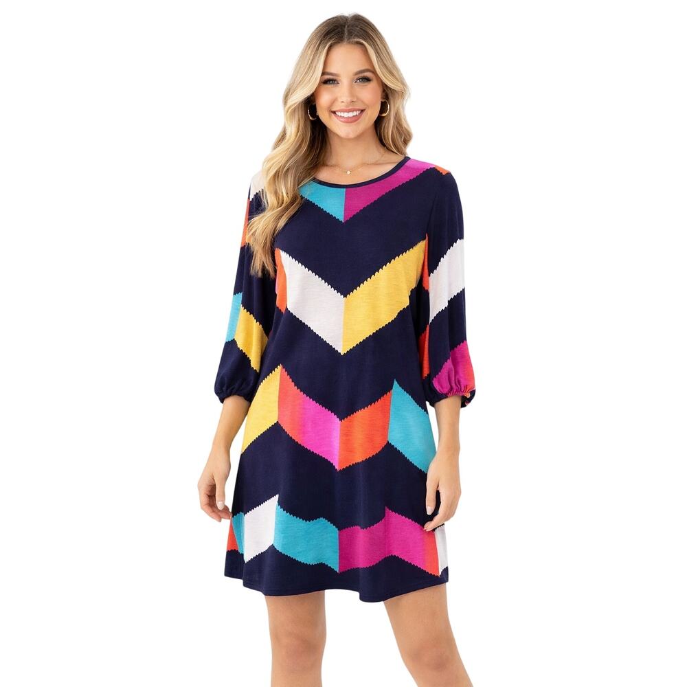 Glamour Farms Geometric Chevron Dress Multicolor 3/4 Sleeve Size L